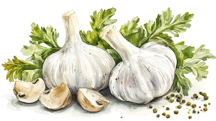 Watercolor painting of two garlic bulbs, sliced mushrooms, parsley, and peppercorns.