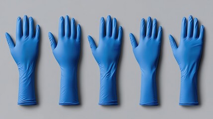 Set of blue nitrile medical gloves isolated on a light grey background, clean and professional look.
