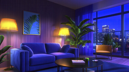 Chic and elegant living room with blue sofa, plants, and city view