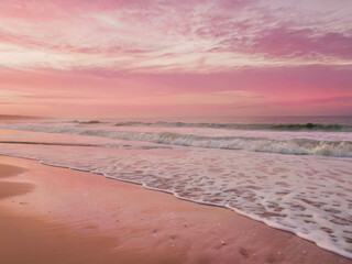 Obraz premium A pink sunset sky stretches over the beach, where the sand and ocean waves are painted in pink shades. Soft and romantic atmosphere.