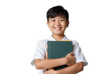 Cheerful young asian boy in white shirt holding books, smiling confidently, isolated on transparent background.