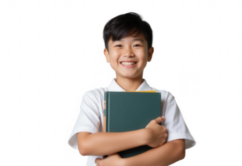 Cheerful young asian boy in white shirt holding books, smiling confidently, isolated on transparent background.