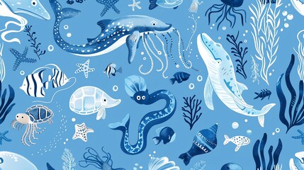Obraz premium A sea life pattern with whales, sea creatures, and kelp.