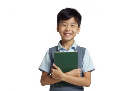 Smiling young student boy with book isolated on transparent background.