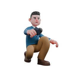 Fototapeta premium Stylish News Anchor Character 3D Model. A male TV presenter squats while holding a microphone with his right hand. Cartoon Style