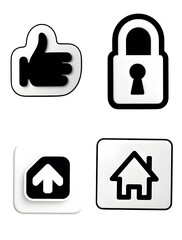 Set of four icons | lock, share, like, home icons in black and white color isolated on transparent background 