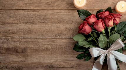 Fototapeta premium Valentine rose idea. A beautiful bouquet of red roses with delicate greenery and candles on a rustic wooden surface.