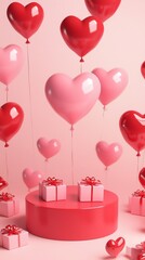 Minimalist Pink Background with Red Podium, Heart-Shaped Balloons, and Gift Boxes