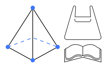Pyramid with blue vertices, minimalistic open book, simple tote bag outline. Ideal for geometry, education, minimalism, design, fashion literature teaching. Clean lines abstract line flat metaphor