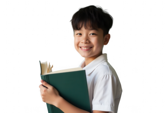 Smiling asian boy holding a green hardcover book. Studio portrait isolated on transparent background. Education and learning concept.
