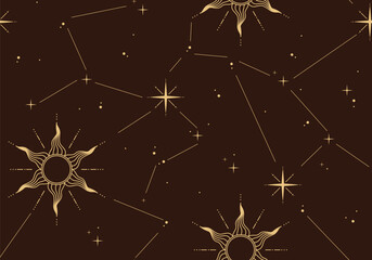 Materiał do szycia Retro sun and stars seamless pattern on dark brown background. Vector illustration