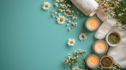 Top view of a spa towel, candles, and herbal compresses on a soothing light green background.