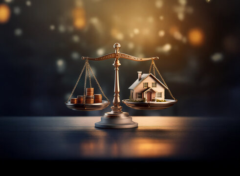 A miniature house and stacks of coins balance on antique scales, symbolizing the weighing of homeownership costs against financial resources.  A dark background with warm lighting enhances the image's