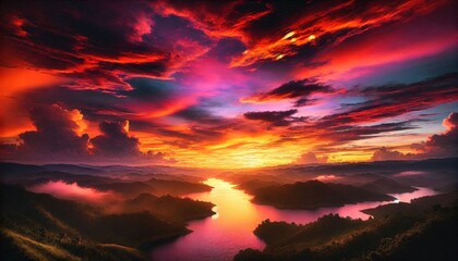 Fototapeta premium A sunset over a landscape with hills, trees and a body of water...Concept: Landscape, nature, beautiful sunset.