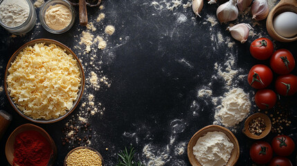 Ingredients arranged on a dark surface ready for cooking a pasta dish at home