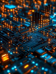abstract blue circuit board with glowing lights technology background - ai