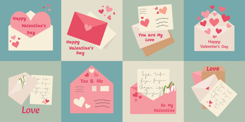Set of postal envelopes with love letters. Romantic letters and envelops with greeting postcards, holiday mails. Simple, minimalistic, holiday card. Valentines Day card.