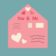 Valentines Day card of postal envelopes with love letters. Romantic letters and envelops with greeting postcards, holiday mails. Simple, minimalistic, holiday card.