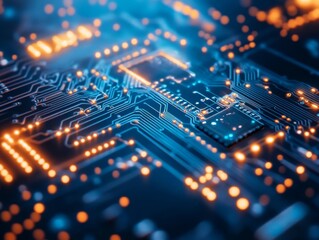 Obraz premium abstract blue circuit board with glowing lights technology background - ai