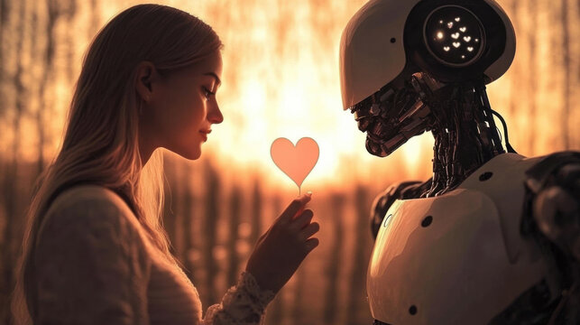 Woman celebrating Valentine's Day with a cute AI-powered humanoid robot, blending romance and futuristic technology