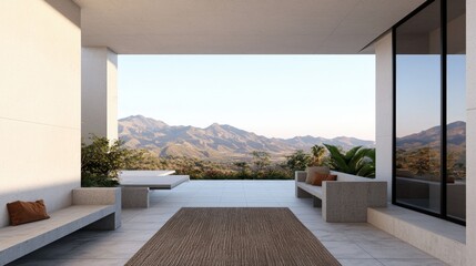 Patio furniture seating and minimal, A modern outdoor patio with sleek benches, a rug, and expansive views of mountains under a clear sky, blending nature with minimalist design.