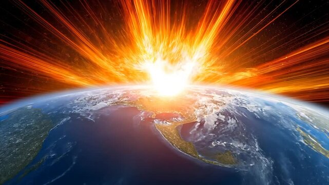 The force of the explosion hitting the earth's crust Showing bright fire, destroying the world, the end of the world concept.