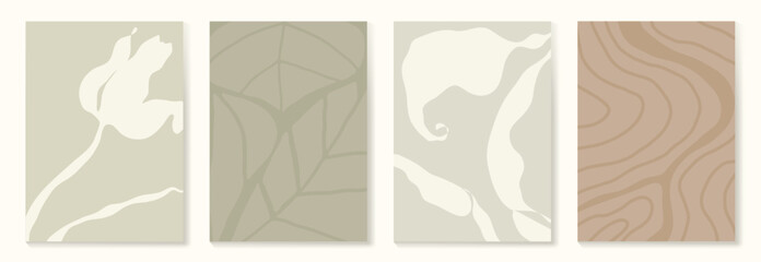 Set of abstract foliage poster vector. Leaves, flower, organic shapes, earth tone colors, leaf branch. Illustration design for Eco packaging, interior, cover, wall art, wallpaper, market.