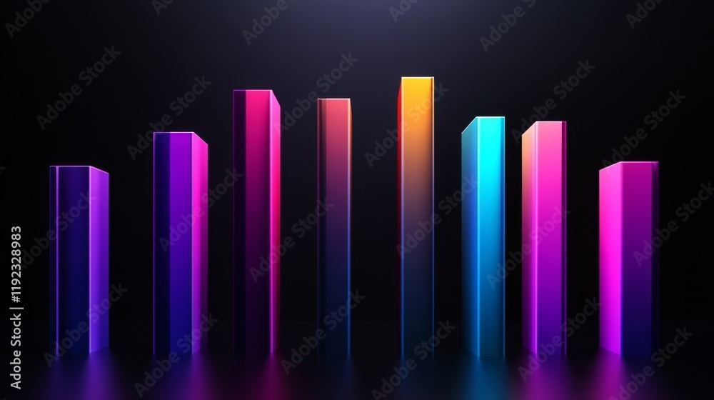 Poster A D-rendered bar graph with rising colorful bars, symbolizing growth in market trends, with a dark and minimalistic background for contrast