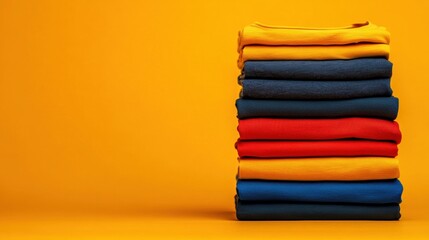 Colorful Stacked T-shirts on Bright Yellow Background