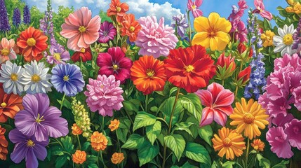 Colorful Floral Garden with Bright Blooms Under Blue Sky