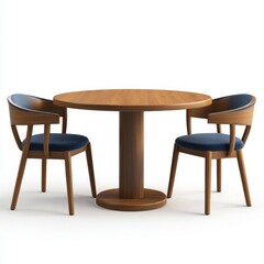 Round wooden dining table with two blue upholstered chairs.