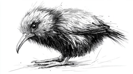 Detailed Sketch of a Small Bird with Textured Feathers and Sharp Beak