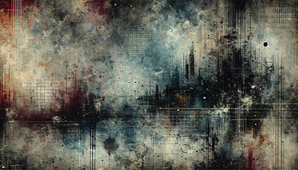 Obraz premium Abstract grunge painting resembling a moody and textured cityscape with urban elements reflected in water. Ideal for concepts of mystery, creativity, and industrial landscapes, wallpapers