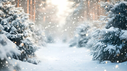 Fototapeta premium Peaceful Winter Scene with Snow-Draped Evergreen Branches and Gently Falling Snowflakes at Dawn. Generative AI