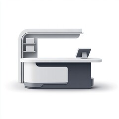 Modern, sleek reception desk with integrated computer screen and storage shelves.