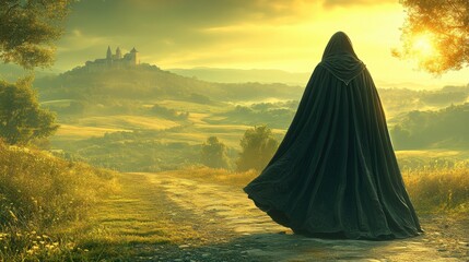 Mysterious Figure in Cloak Walking Toward Enchanted Castle Landscape