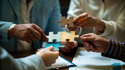 Teamwork concept with hands connecting puzzle pieces