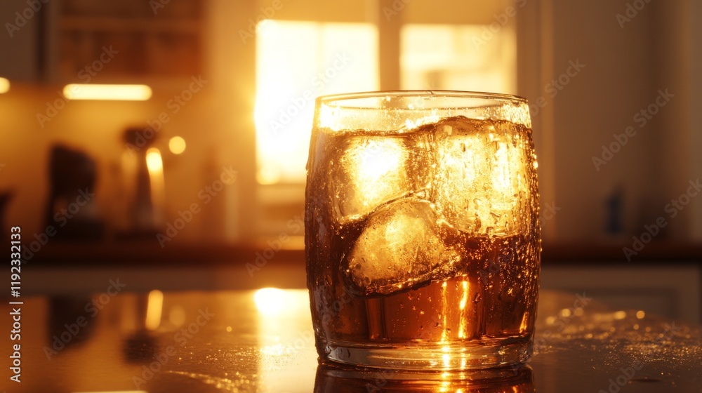 Poster a chilled beer glass with ice, condensation forming on the outside, placed on a countertop with a wa
