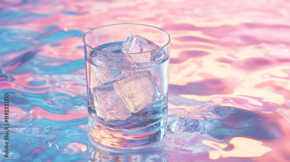 Poster a chilled glass of soda filled with large ice cubes and sparkling bubbles, sitting on a cool, smooth