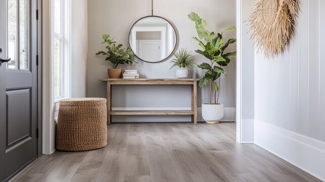 A contemporary farmhouse entryway featuring gray luxury vinyl plank flooring, soft gray walls, rustic console table, round mirror, and potted plants for a cozy, elegant space