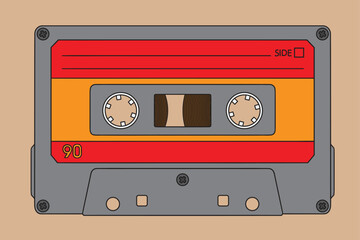 Tape recorder cassette with magnetic tape for listening to music. Vector drawing isolated on beige background.