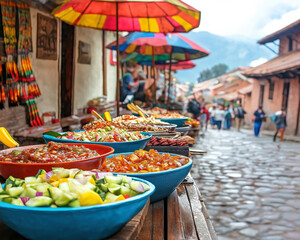 vertical photo of vibrant bowls filled with fresh ceviche and vegetables displayed in a lively outdoor Peruvian market under colorful umbrellas, traditional flavors, concept of travel and cuisine