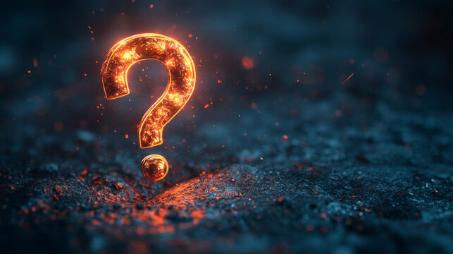 Burning question mark emerging from embers symbolizing mystery