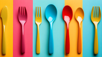 Colorful utensils arranged on a vibrant background create a playful dining setting