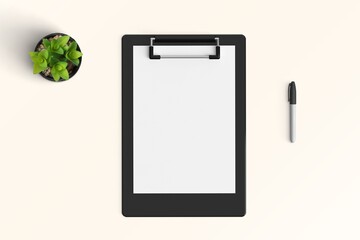 Modern workspace with clipboard copy space on white color background. Top view with copy space. Flat lay style.