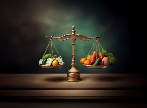 An antique scale balances stacks of cash against fresh produce, symbolizing the cost of healthy eating versus financial burden.  The image evokes a sense of weighty decision and economic disparity.