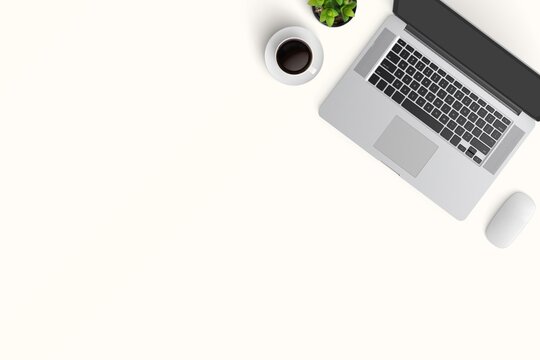 Modern workspace with  copy space on white color background. Top view with copy space. Flat lay style.