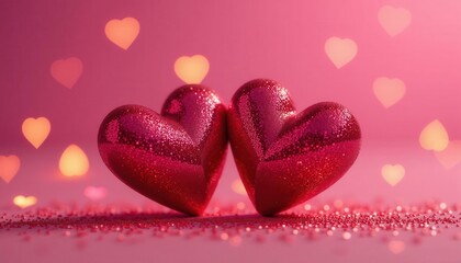 Obraz premium Two Sparkling Red Heart Shapes With Pink Bokeh Background, Concept for Valentine's Day