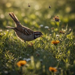 A sparrow chasing a butterfly in a sunlit meadow.