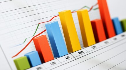 A close-up of a financial bar graph on a digital screen showing rising values, with sharp, colorful bars representing growth and progress in a business analysis